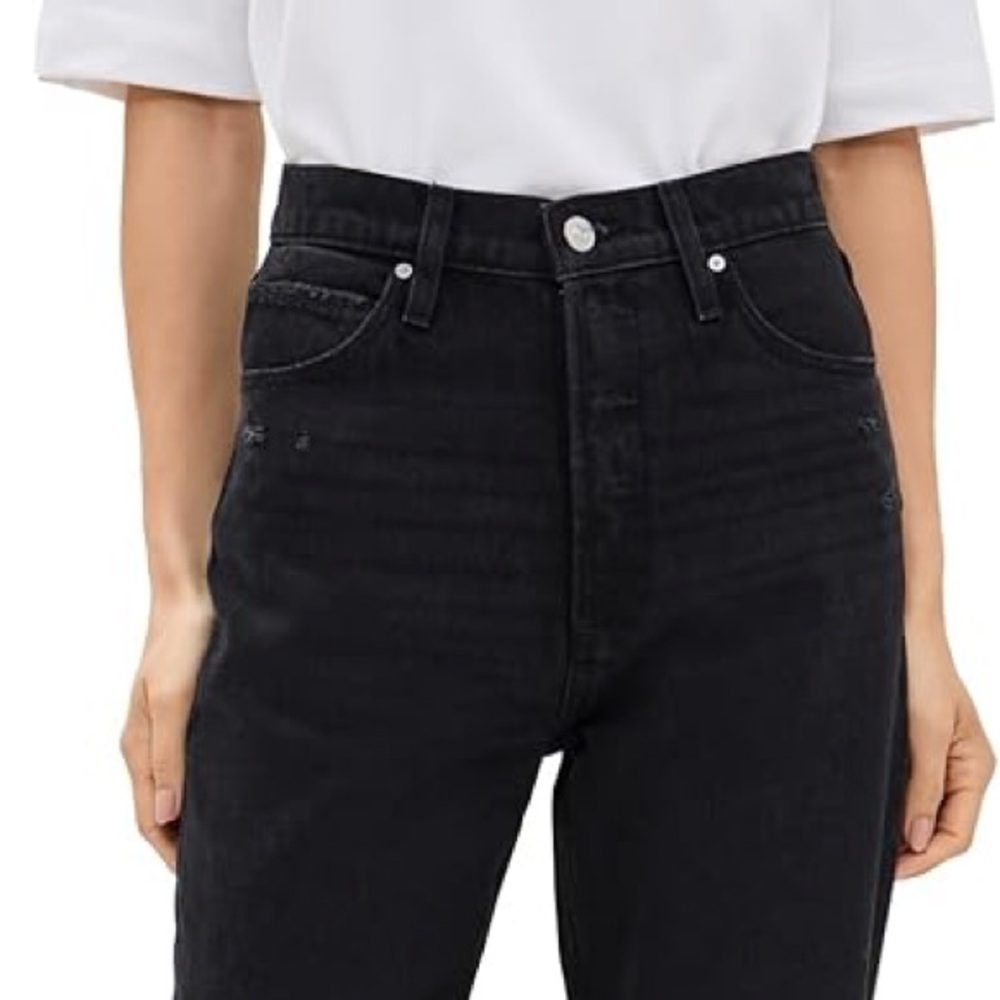 Paige Sawyer High Waist Straight Leg Jeans in Dark Dawn Distressed black size 27